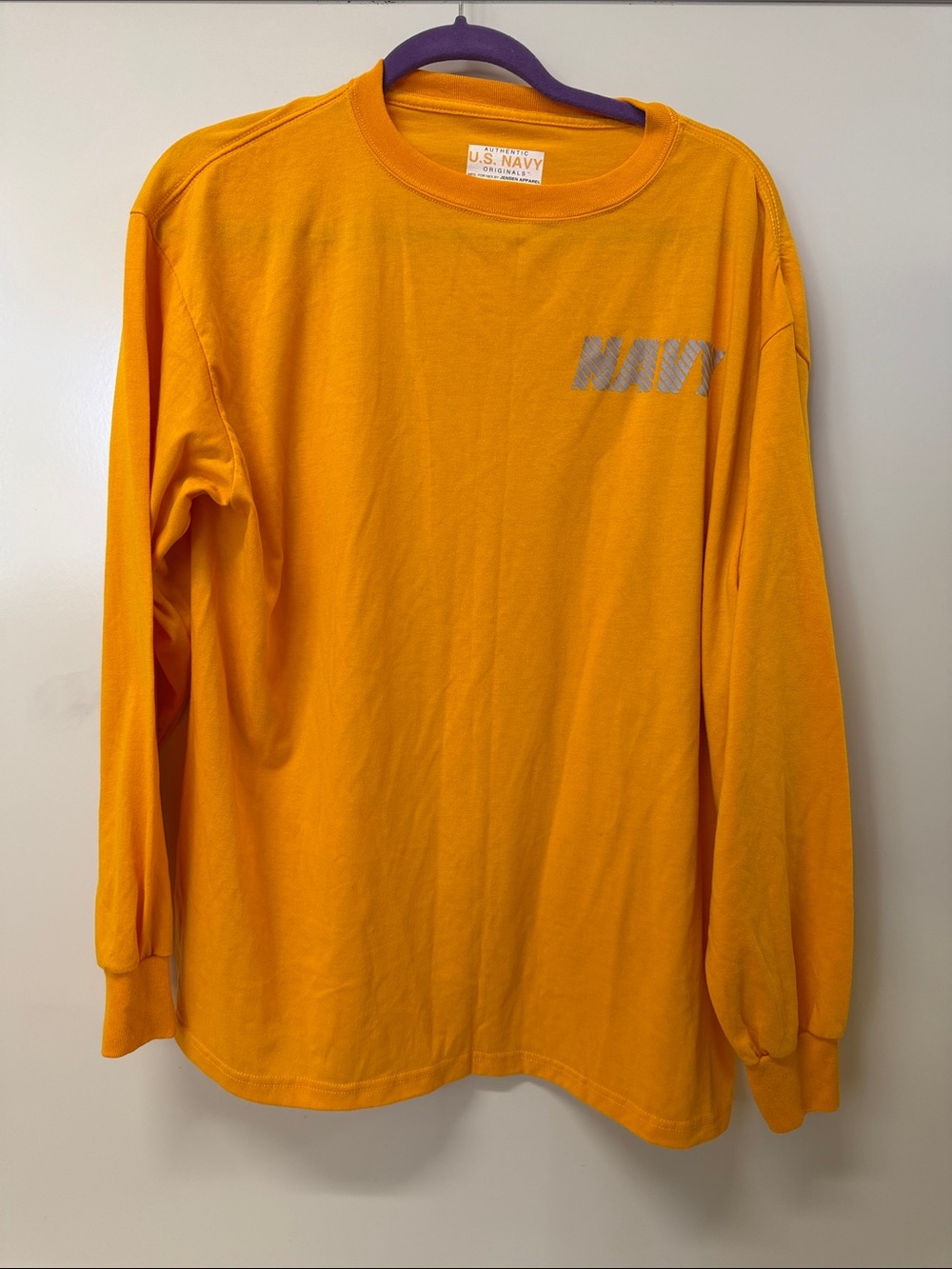 Jensen Men's Long Sleeve Tee in Bright Orange with Silver 'NAVY' Logo